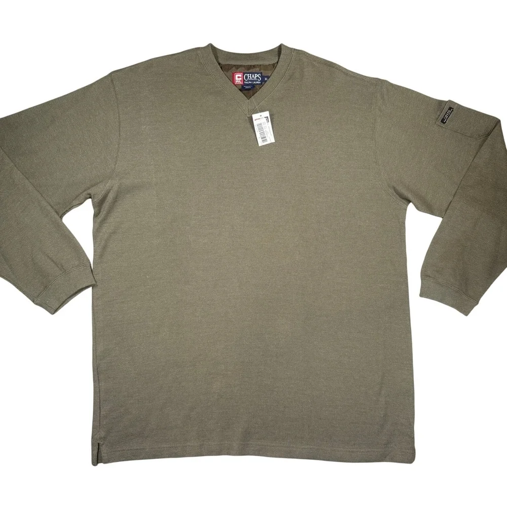 Chaps Ralph Lauren V-Neck Pullover XL Men Olive Green Sleeve Pocket Cotton